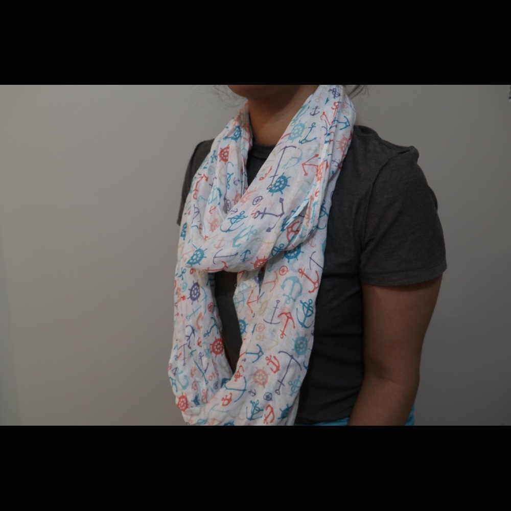 white infinity scarf with multicoloured anchors